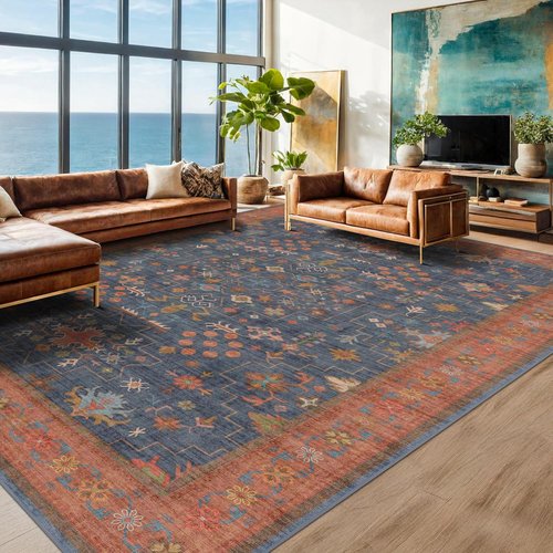 Hazo Haus Area Rug - 7x9 Washable Dining Room Rug | Low Pile Non-Slip Design in Navy Blue Vintage Boho