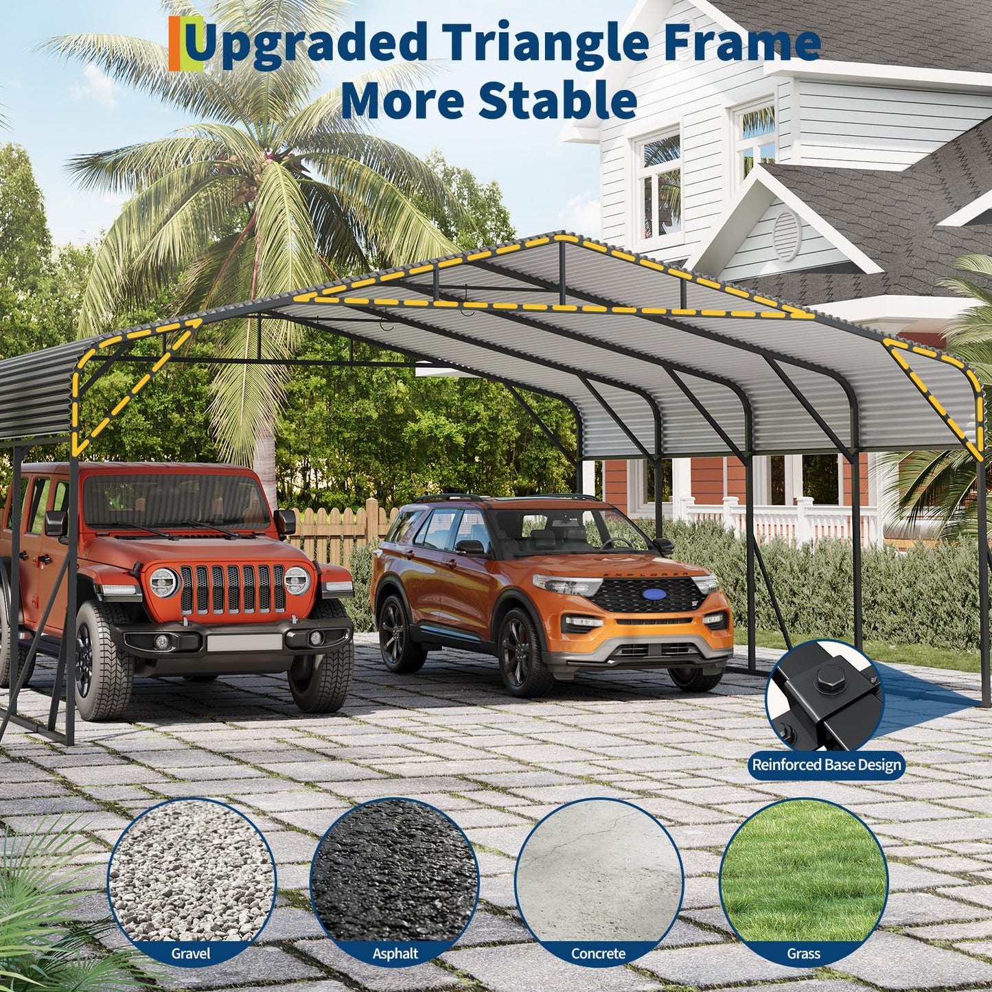 PeakPursuit Metal Carport, 20x20 FT Outdoor Car Port Canopy with Galvanized Steel Roof and Reinforced Base, Heavy Duty Garage Car Shelter Shade for SUV, Truck, Boats