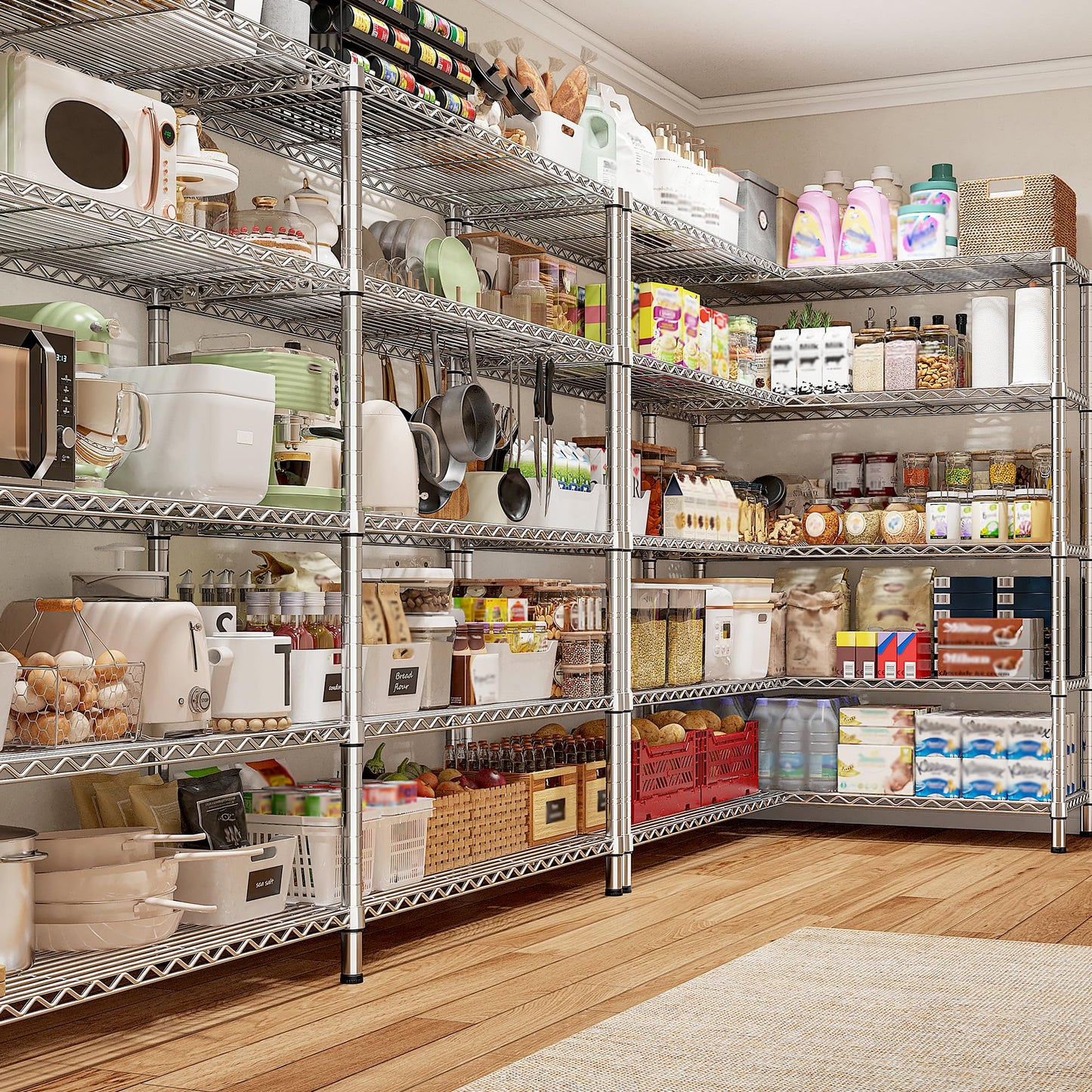 REIBII 69.8" W Storage Shelves 1510LBS Wire Shelving Unit 5 Tier Metal Shelving for Storage Rack Shelves Adjustable Heavy Duty Garage Shelf Pantry Shelves Kitchen Shelving,69.8"Wx15.8"Dx72.4"H,Chrome