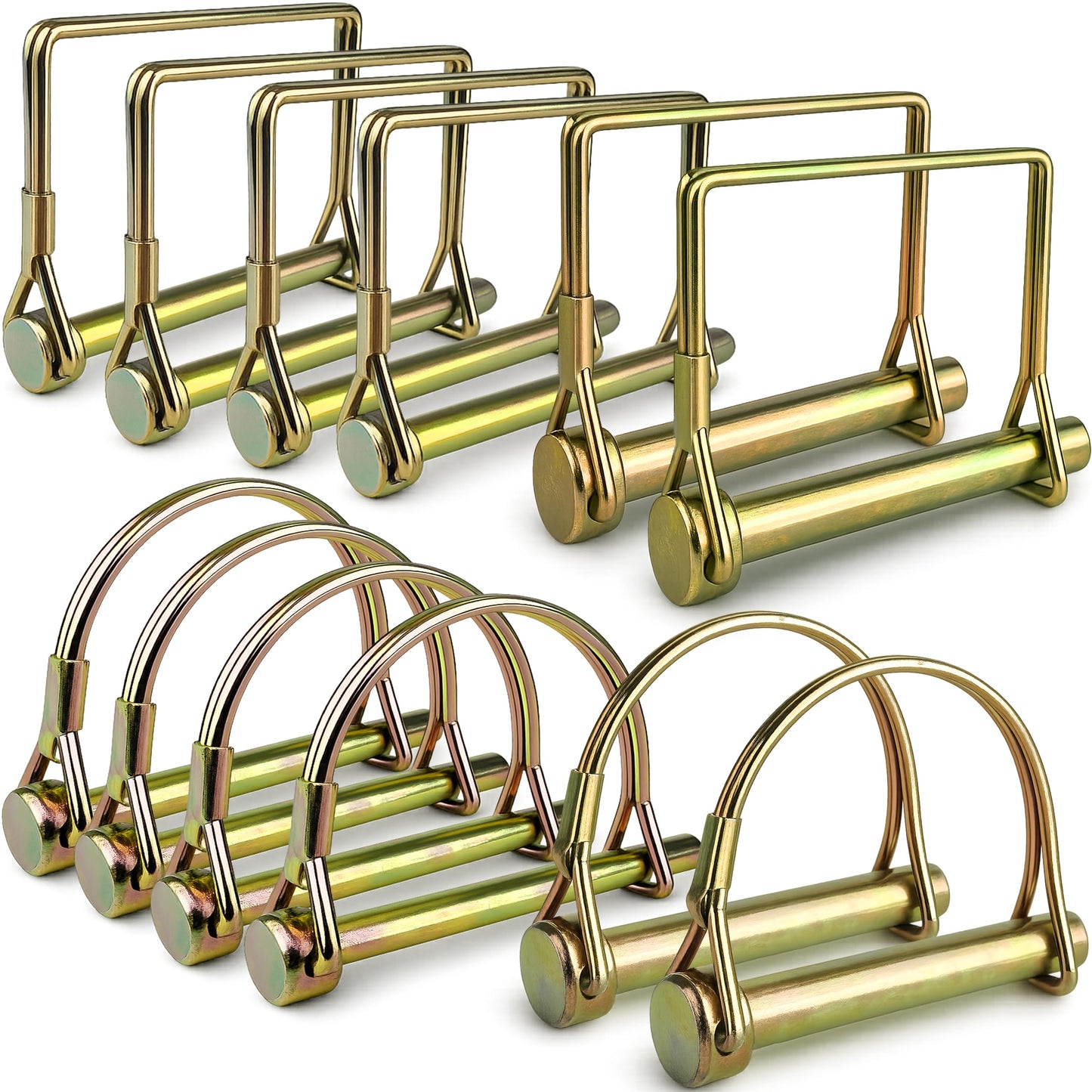 Wellmax 12-Pack Trailer Hitch Pin Assortment, 1/4" and 5/16" Diameter, Square and Arch Wire Lock Pins, Zinc-Plated Carbon Steel Safety Pins for PTO, Farm, Mower, and Boat Trailer Couplers, Gold