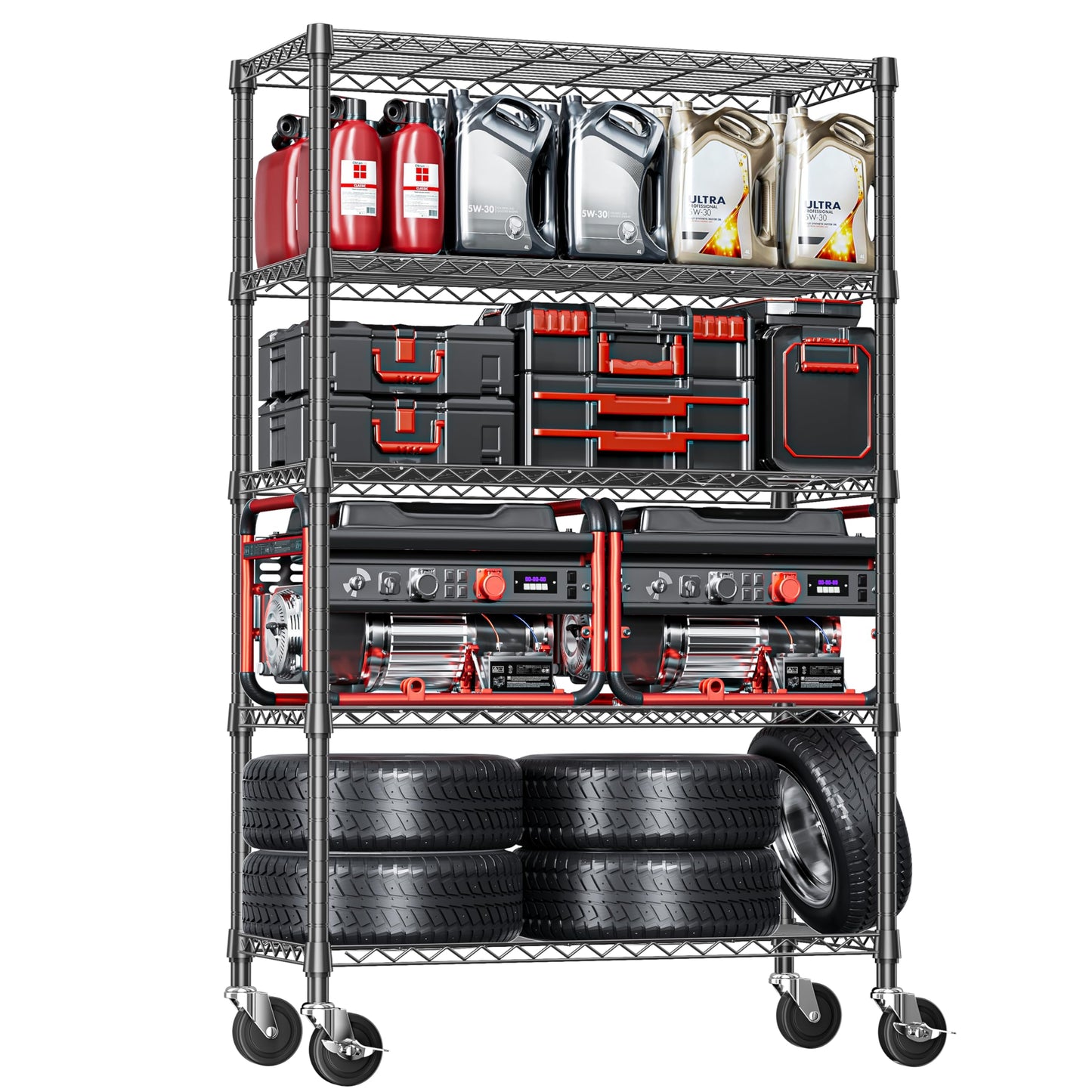 IZEUK 5-Tier Adjustable Heavy Duty Steel Wire Shelving Unit with Wheels, Storage Rack Organizer for Garage, Kitchen, Office, Laundry, Basement (Black, 17.7" D x 47.2" W x 76.7" H, 1750 lbs Capacity)