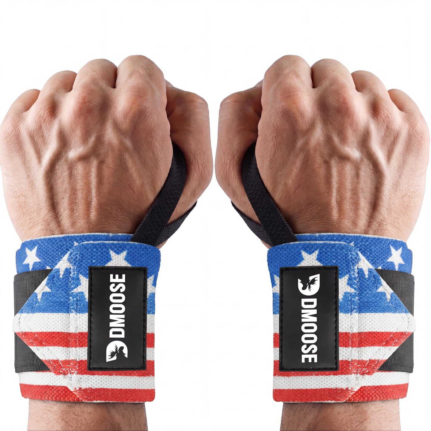 DMoose Wrist Wraps Weightlifting Men 12 and 18 Inches Thumb Loops with Wrist Support for Workouts Powerlifting Wrist Straps for Weight Lifting Men and Women American III