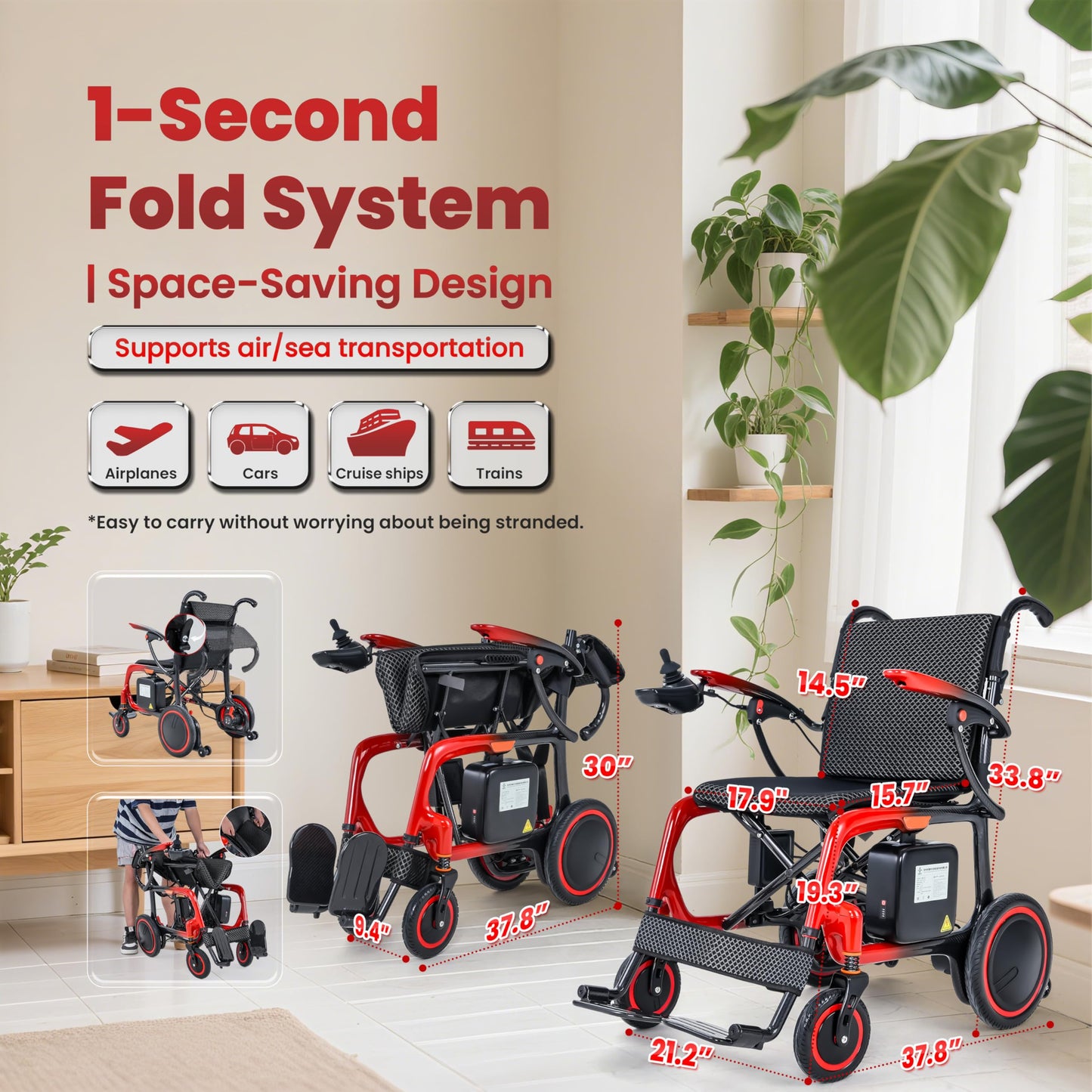 Ultralight 30+Mile Range 100% Carbon Fibre Electric Wheelchair, Upgraded Tyres All Terrains Power Wheelchair Airline Approved, Includes Inflatable Seat Cushion, LED Light, Backpack, Dust Cover