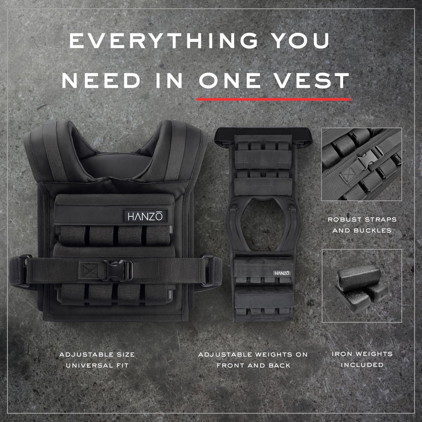 HANZO Weighted Vest for Men & Women 25lbs | 35lbs | 45lbs | 65lbs | Weight Vest With Removable Iron Weights, Adjustable Heavy Duty Weighted Workout Vest for Calisthenics & Fitness Training