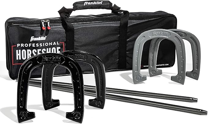 Franklin Sports Horseshoes Sets - Metal Horseshoe Game Sets for Adults + Kids - Official Weight Steel Horseshoes - Beach + Lawn Horseshoes Sets - Sets Include (4) Horseshoes and (2) Ground Stakes