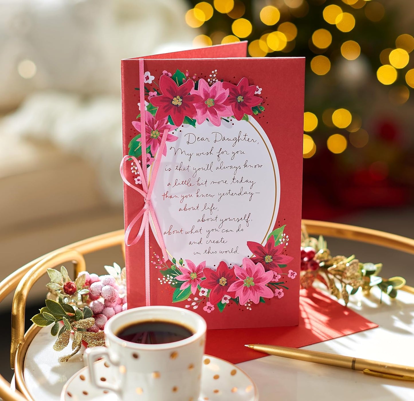 American Greetings Christmas Card - Festive Floral Design with Poinsettias & Ribbon for Daughter