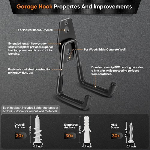 Nacial Heavy-Duty Garage Hooks - 16 Pack Utility Steel Wall Mount Storage for Bikes, Ladders & Tools