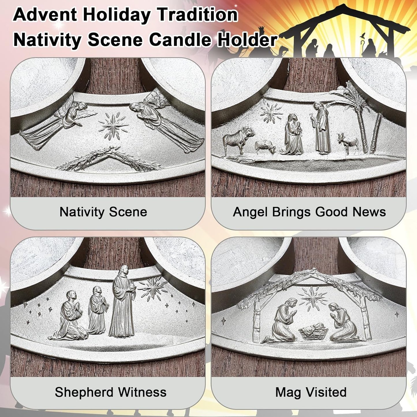 Shellwei Advent Wreath Candle Holder - Metal Nativity Scene Design for Christmas Centerpiece Decor | Fits 3-Inch Pillar Candles