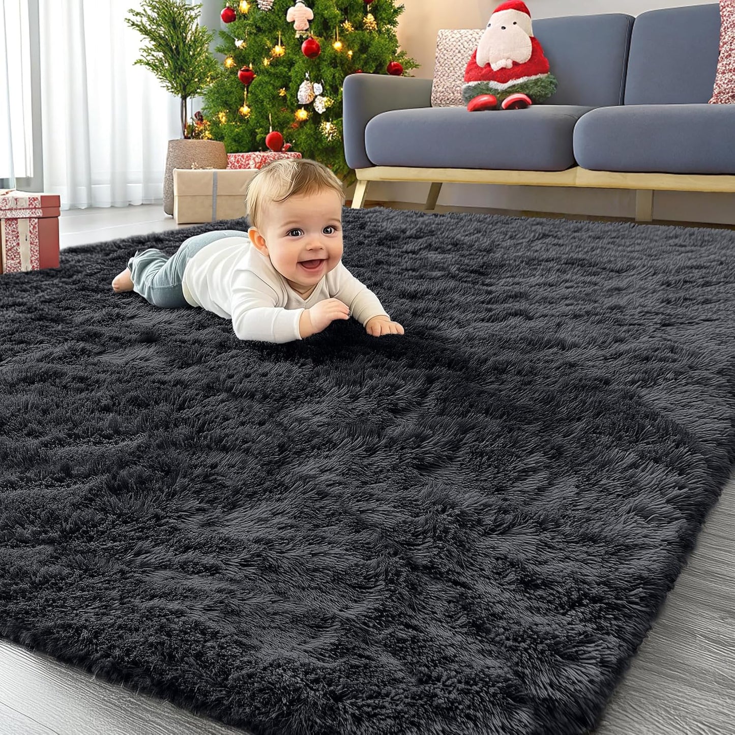 OLANLY Area Rug - Soft Fluffy Shaggy Design for Living Room & Bedroom | Machine Washable, Black 4x8