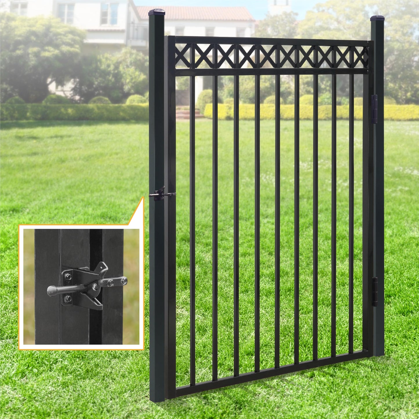 Fencer Wire 76FT Heavy Duty Pinnacle Fence Barrier Kit, Anti-Rust Metal Steel Fence with 5FT Height X 6FT Width Panels, with Decorative Gate, Posts, Connectors, Outdoor Fencing for Yard