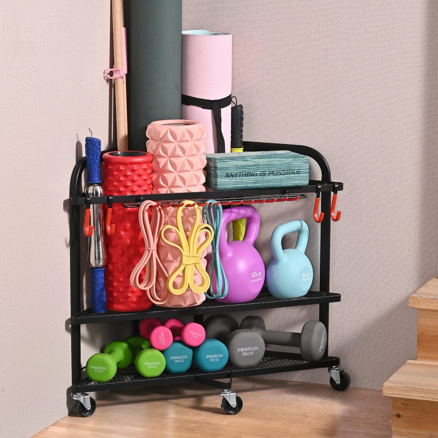 PLKOW Yoga Mat Storage Rack, Home Gym Organizer for Foam Roller, Resistance Bands, Block and Dumbbells, Rolling Workout Rack With Wheels and Hooks, Powder Coated Finish Steel