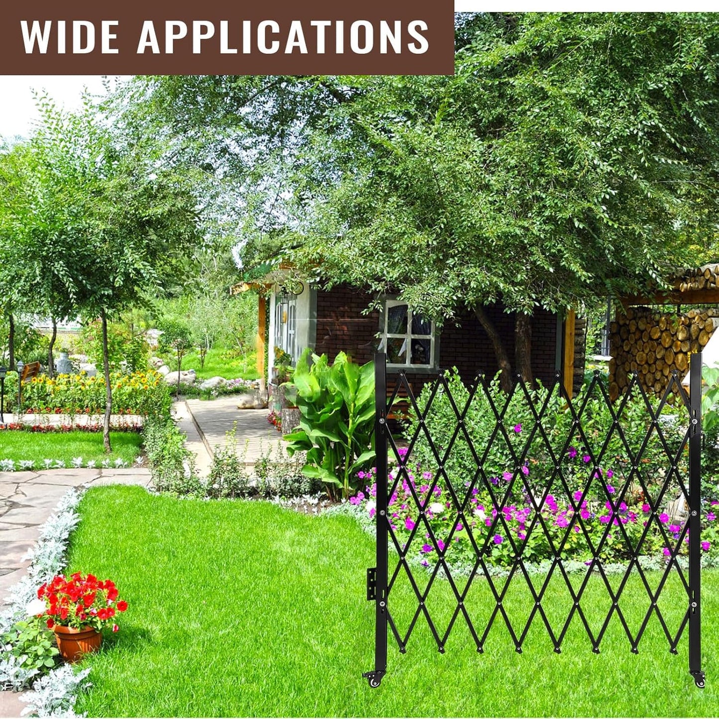 Garvee 85" H x 95" W Single Folding Security Gate, Steel Expandable Fence with 360° Rolling Wheels for Courtyard, Garage, and Garden Access Control