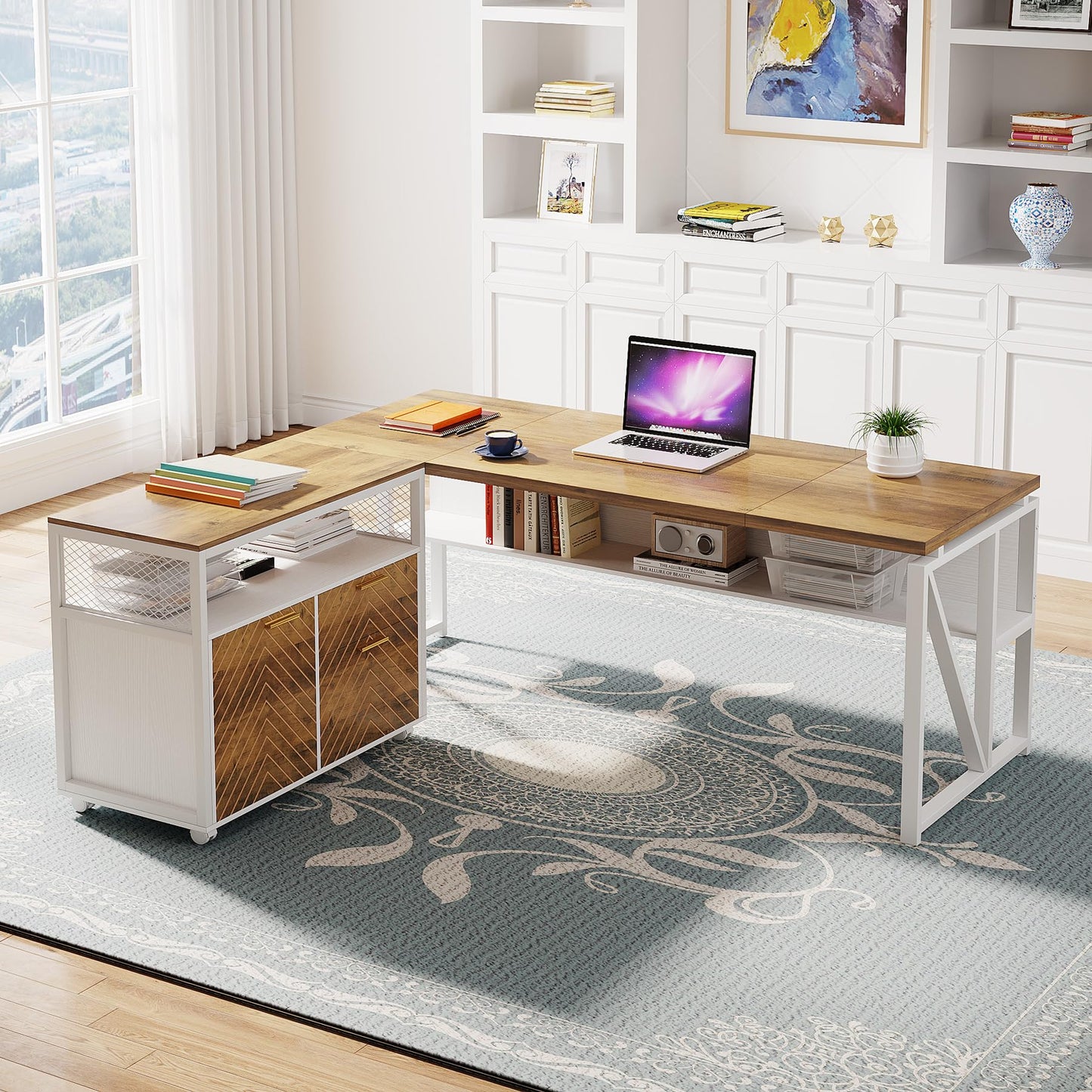Tribesigns L Shaped Desk with Drawer,63" Executive Computer Desk and lateral File Cabinet, 2 Piece Home Office Furniture for Hanging File, Cabinet with Doors