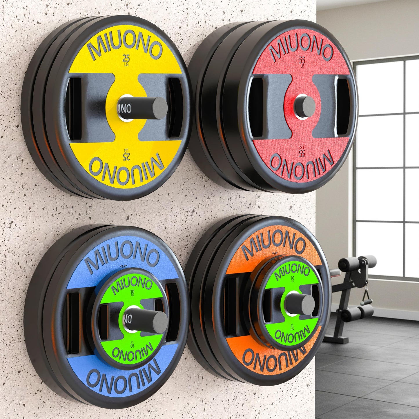 MIUONO Weight Plate Holder, Wall Mounted Weight Rack Storage for 2" Olympic Weight Plate, 4 Pack Home Gym Organizer (Upgraded Larger Screws)