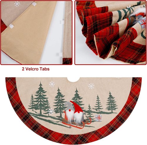 Juegoal 32-Inch Christmas Burlap Tree Skirt - Soft Red & Black Plaid with Gnome Sledding Design
