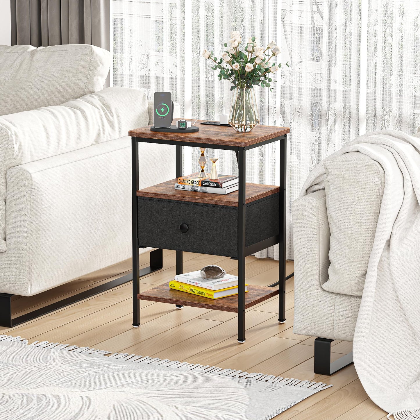 VECELO End Side Table, Modern Night Stand with Storage Space and Door, Set of 2 Nightstands for Living Room,Bedroom,Lounge,Antique Brown