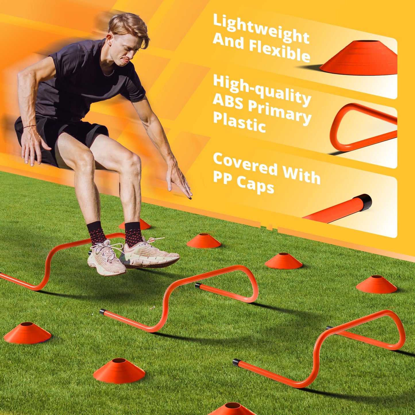Yes4All Agility Ladder Adjustable Speed & Agility Training Equipment for All Ages, Durable Speed Ladder, Multiple Combo Sets Available, Orange,12 Agility Cones, 5 Hurdles, Jump Rope, Running Parachute