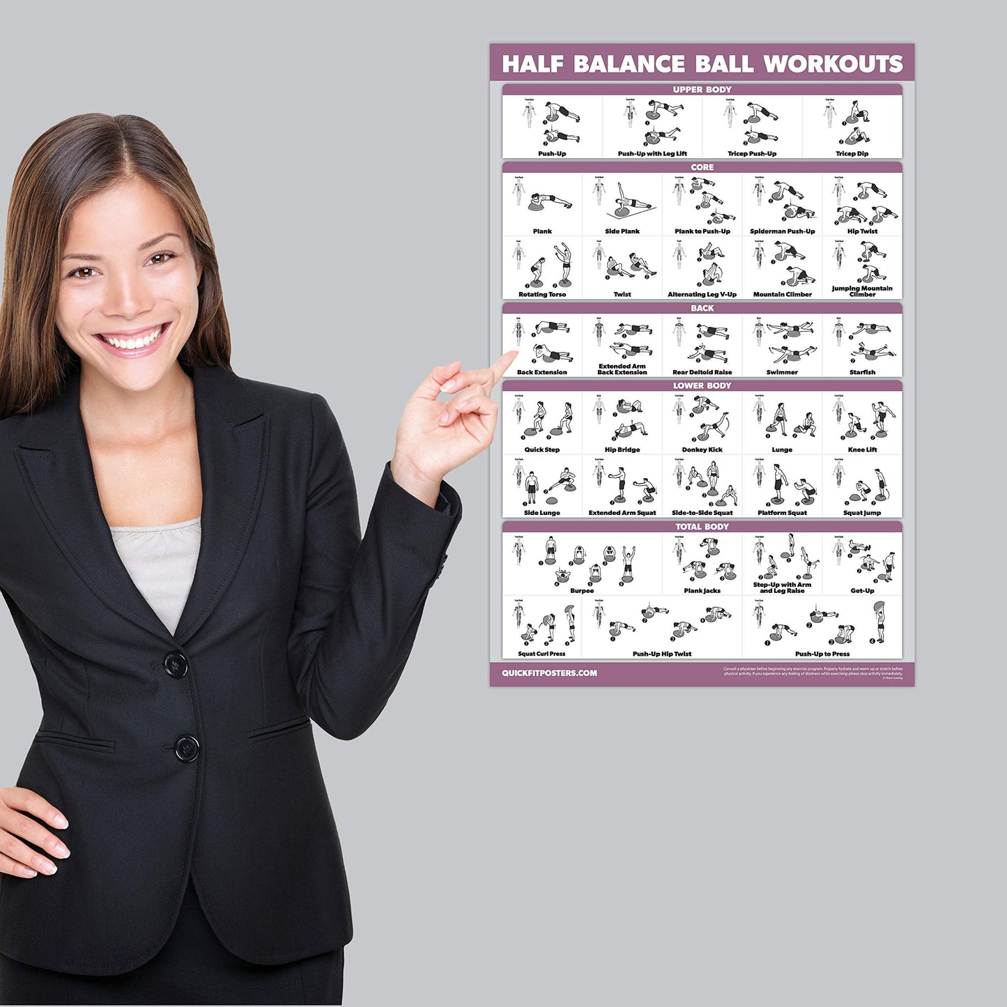 Palace Learning 2 Pack, Half Balance Ball Workout Poster + Yoga Ball Exercise Chart - Set of 2 Workout Posters (LAMINATED, 18" x 24")