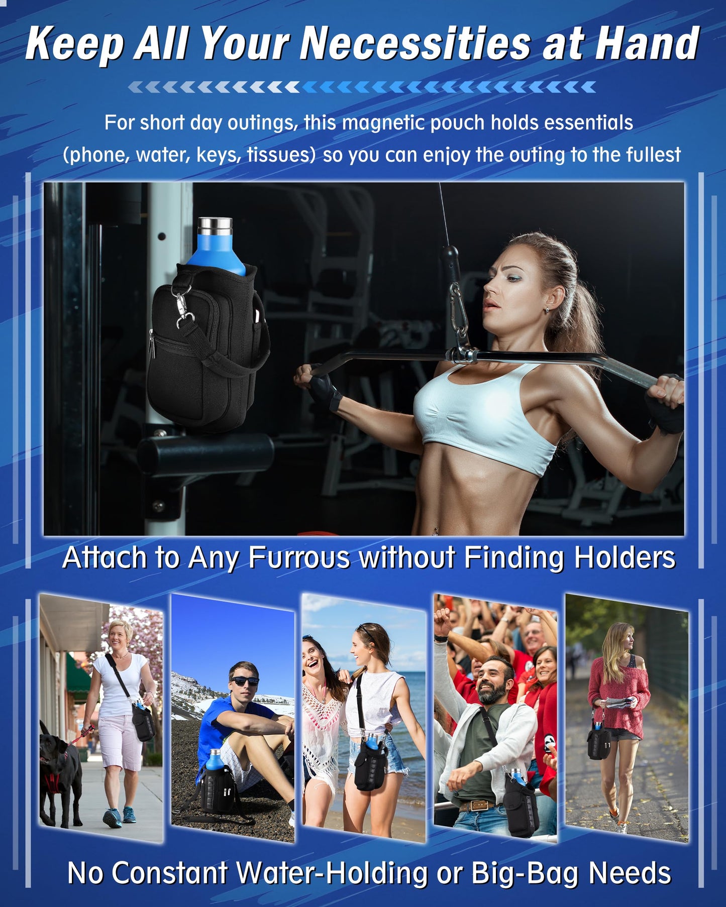 Gym Carrier, Magnetic Gym Pouch, Tumbler Carrier with Strap Phone Pockets, Fitness Portable Crossbody Bag with 6 Built-in Magnets, Gym Carrier with strap, Magnetic bag holder for Running Traval Sports