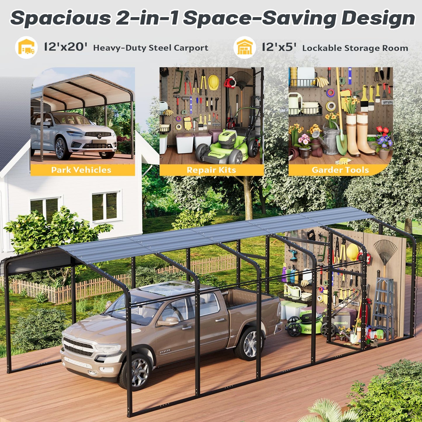 EROMMY 12x25 FT Metal Carport with Side Storage, Heavy Duty Enclosed Carport with Lockable Storage Room, Galvanized Steel Vehicle Shelter for Car, Truck & Tools