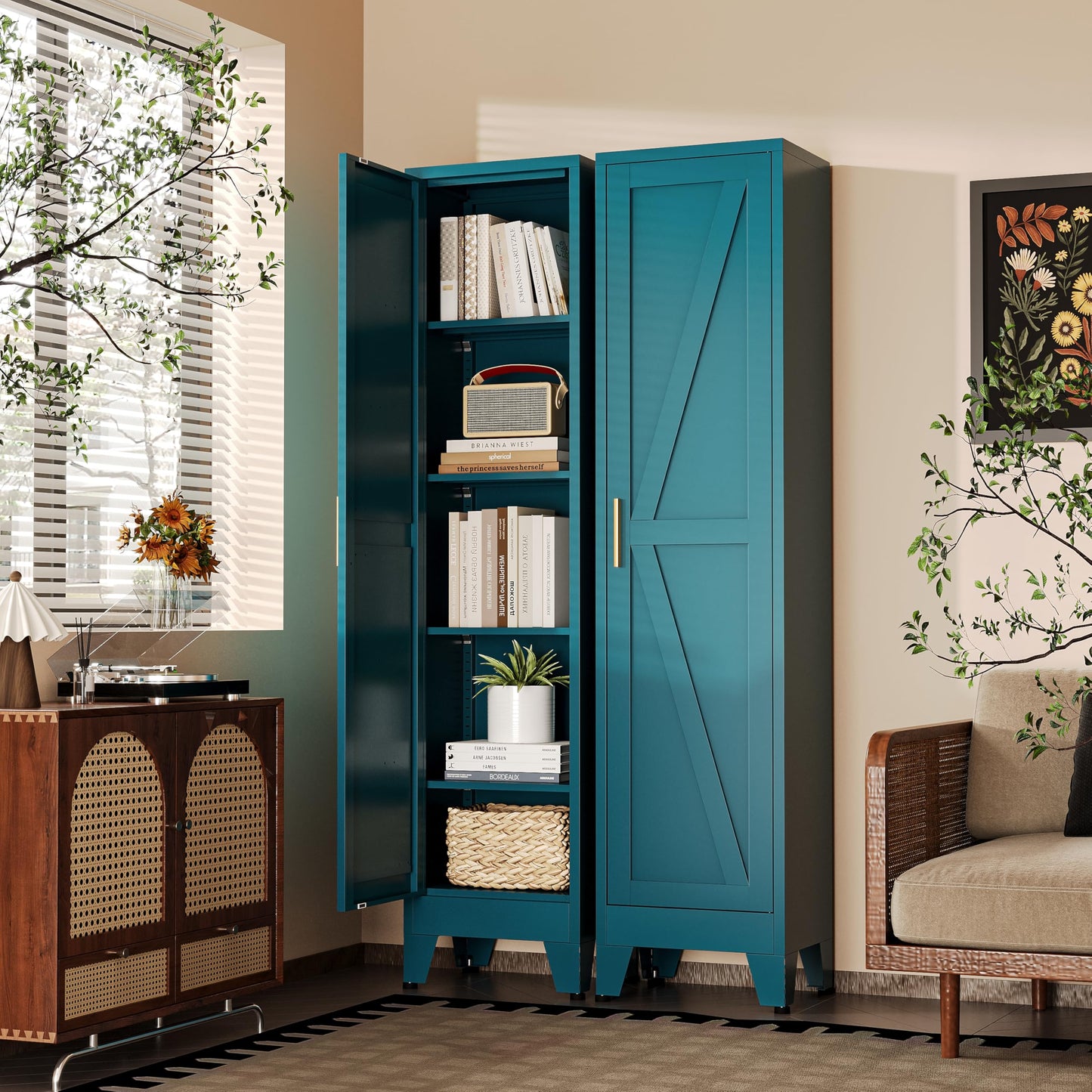 QPRVPTOW 67" H Broom Closet Storage Cabinet,Metal Cleaning Cabinet,Narrow Storage Cabinets with 4 Adjustable Shelves,Slim Tall Floor Cabinet
