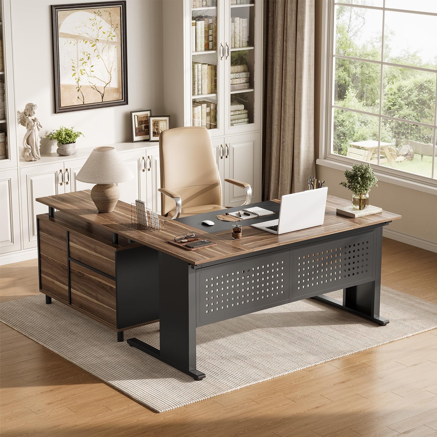 LITTLE TREE Large Computer Desk with File Cabinet, 63 Inch L Shaped Executive Office Desk with Drawers and Storage Shelves, Business Furniture Workstation for Home Office