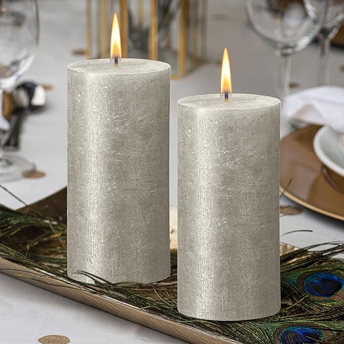 BOLSIUS Silver Shimmer Metallic Pillar Candles 4 Pack - 2.75 X 7.5 Inches - Premium European Quality - Includes Natural Plant-Based Wax - Unscented Dripless Smokeless 85 Hour Party Décor Candles