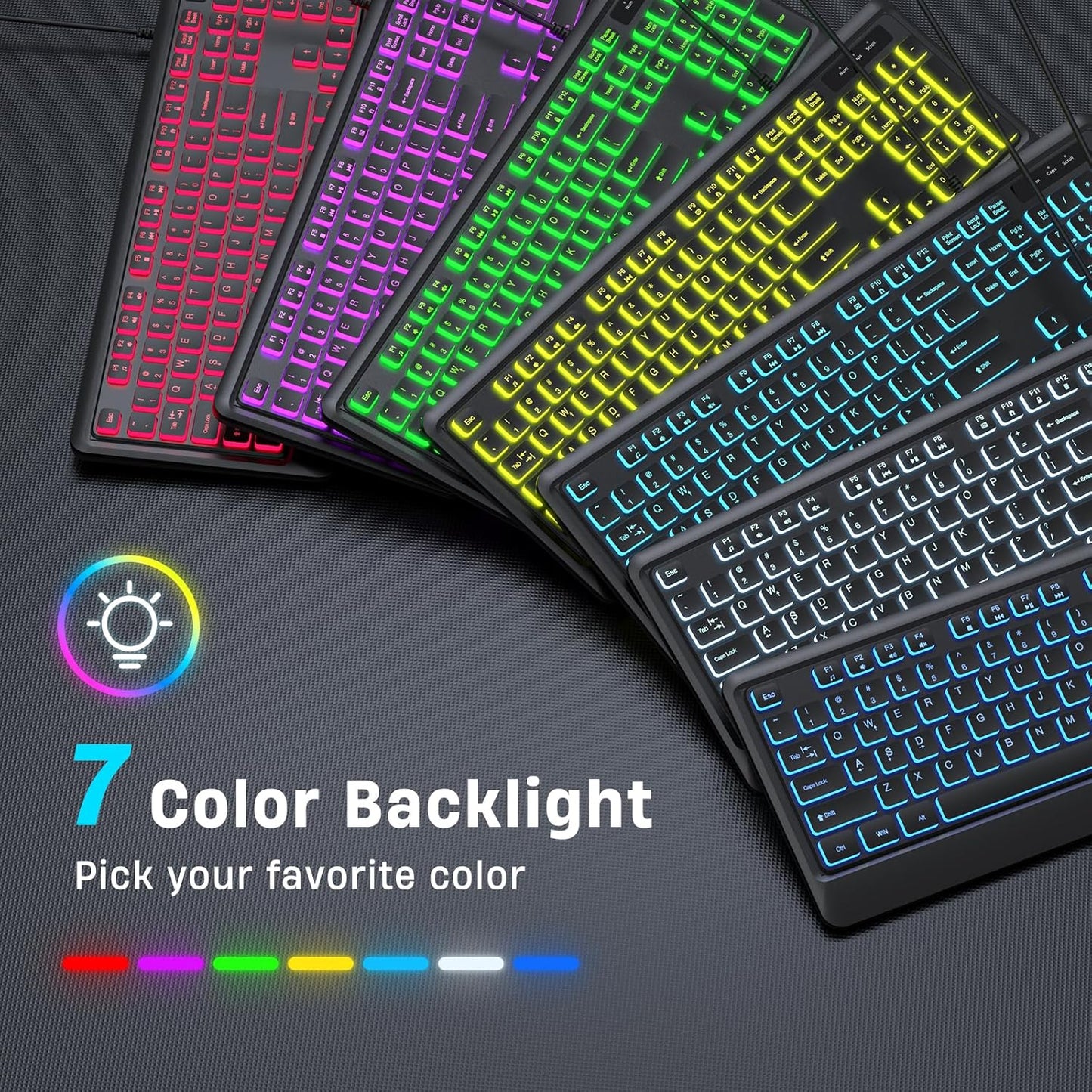 Luzarriba 7 Backlit Computer Keyboards, Wired USB LED Keyboard with Colors Backlight, Plug and Play, Waterproof, Full