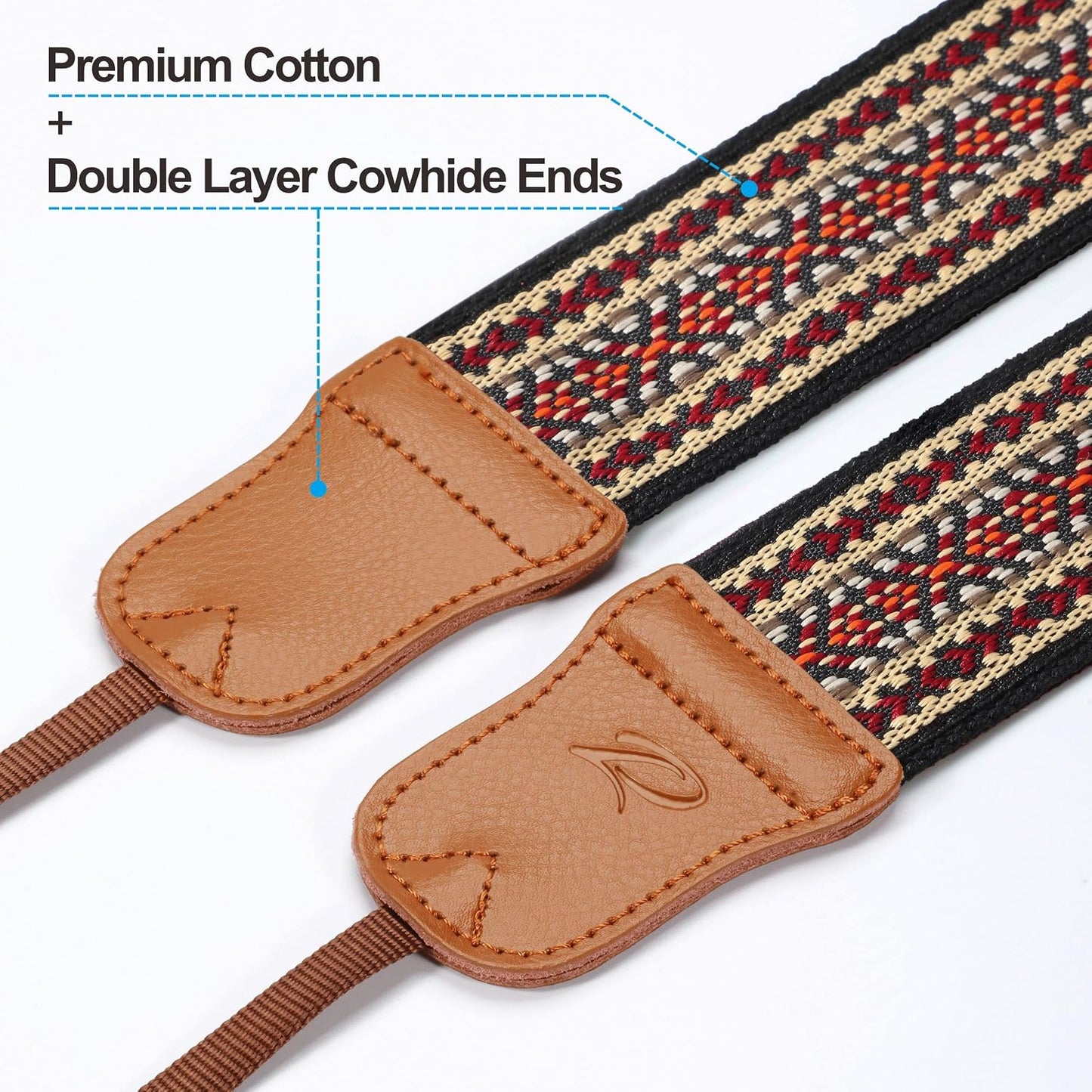 Ends,2" Padwa Lifestyle Speed Red Embroidered Camera Strap - Double Layer Cowhide Cotton Woven Camera Straps