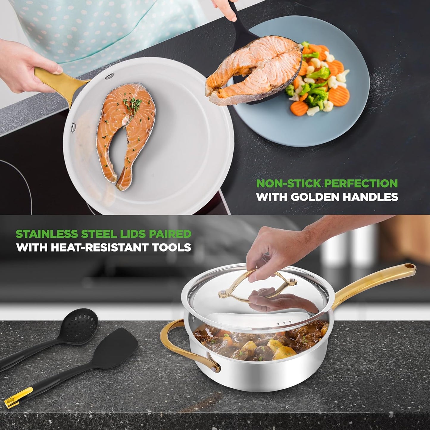 NutriChef 16-Piece Stainless Steel Kitchenware Set - Non-Stick Pots, Pans & Nylon Utensils