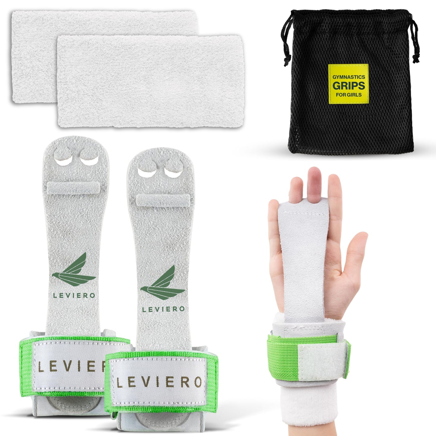 LEVIERO Gymnastics Grips Set Narrow Nippers, Grips for Gymnastics Girls, Dowel Grips with Soft Leather, Hook and Loop Wrist Straps, and Adjustable Finger Holes, for All Ages - (White, 00)