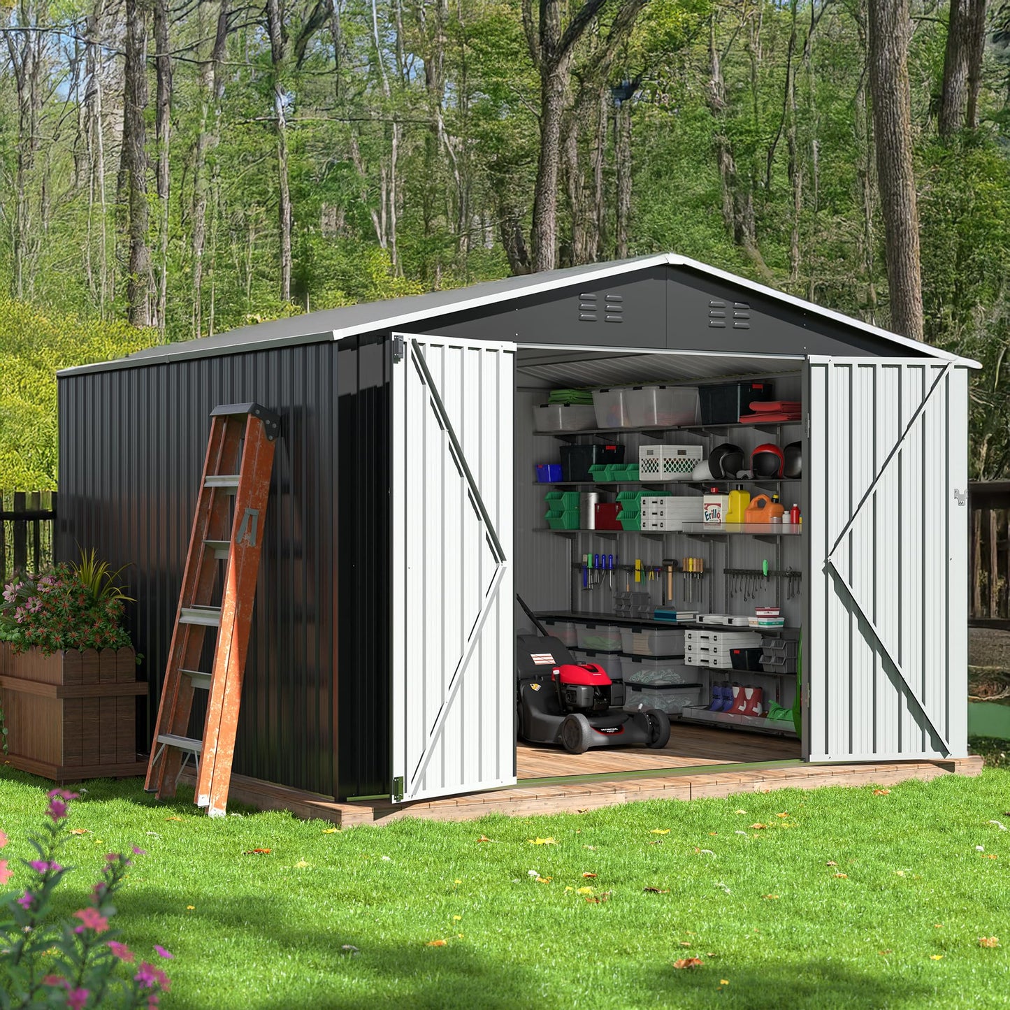 AirWire 10x10 FT Storage Shed, Garden Shed with Updated Frame Structure and Lockable Doors, Metal Tool Sheds for Backyard Garden Patio Lawn, Grey