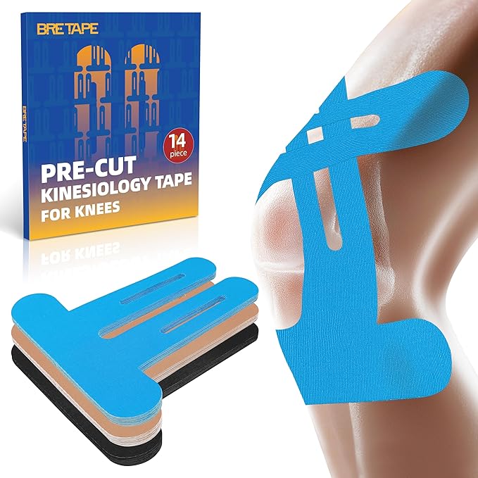 Precut Kinesiology Tape for Knees ??14 PCS Knee Tape for Pain Relief & Support, Elastic Waterproof Sports Tape, Breathable & Latex-Free, Pre Cut Athletic Tape for Workout & Injury Recovery, Blue