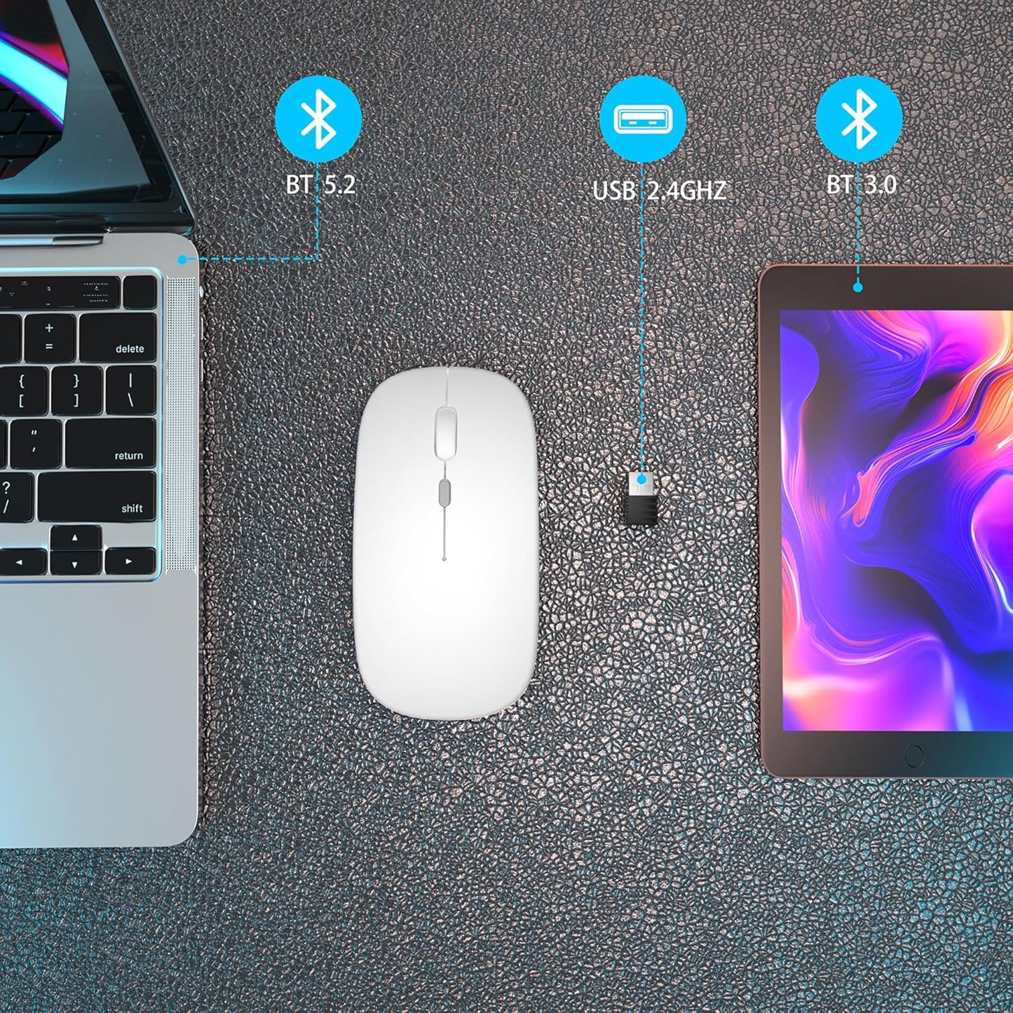 AIKOKOK 5.2 2.4G Wireless Bluetooth Mouse, Rechargeable, Dual Mode Bluetooth & USB, LED Lights, Slim, Silent, Portable