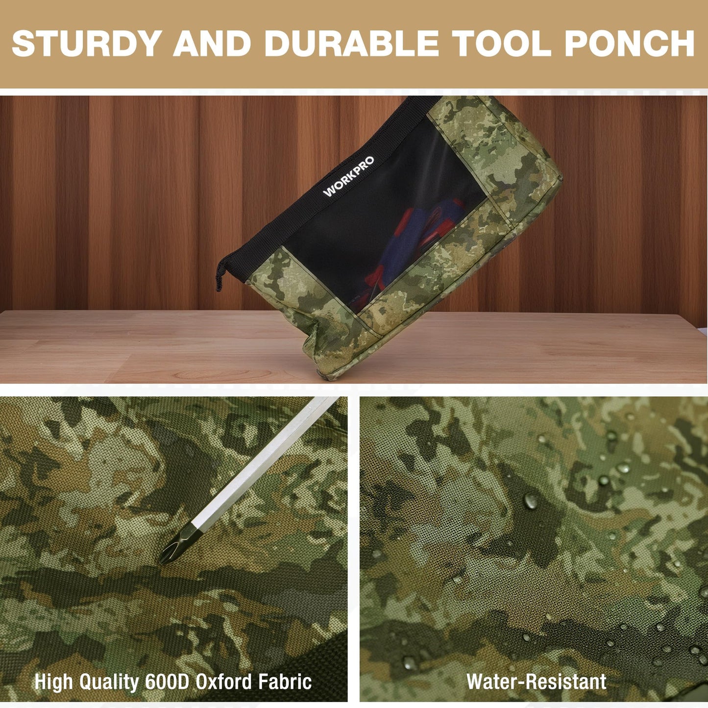 WORKPRO 12" Tool Pouches with Zipper, Heavy-Duty Small Tool Bag, Utility small tool pouch for Tool Organizers and Storage, Mini Tool Bag, 3 Pack, Camo