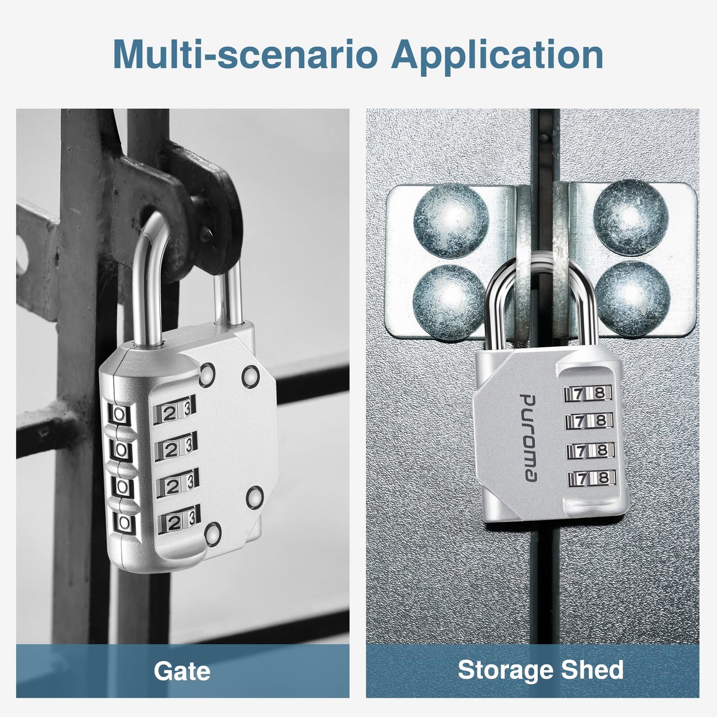 Puroma 2 Pack Combination Lock for Locker 4 Digit Outdoor Waterproof Padlock for School, Gym, Sports, Fence, Toolbox, Gate, Case, Outdoor, Hasp Storage (Silver & Black)