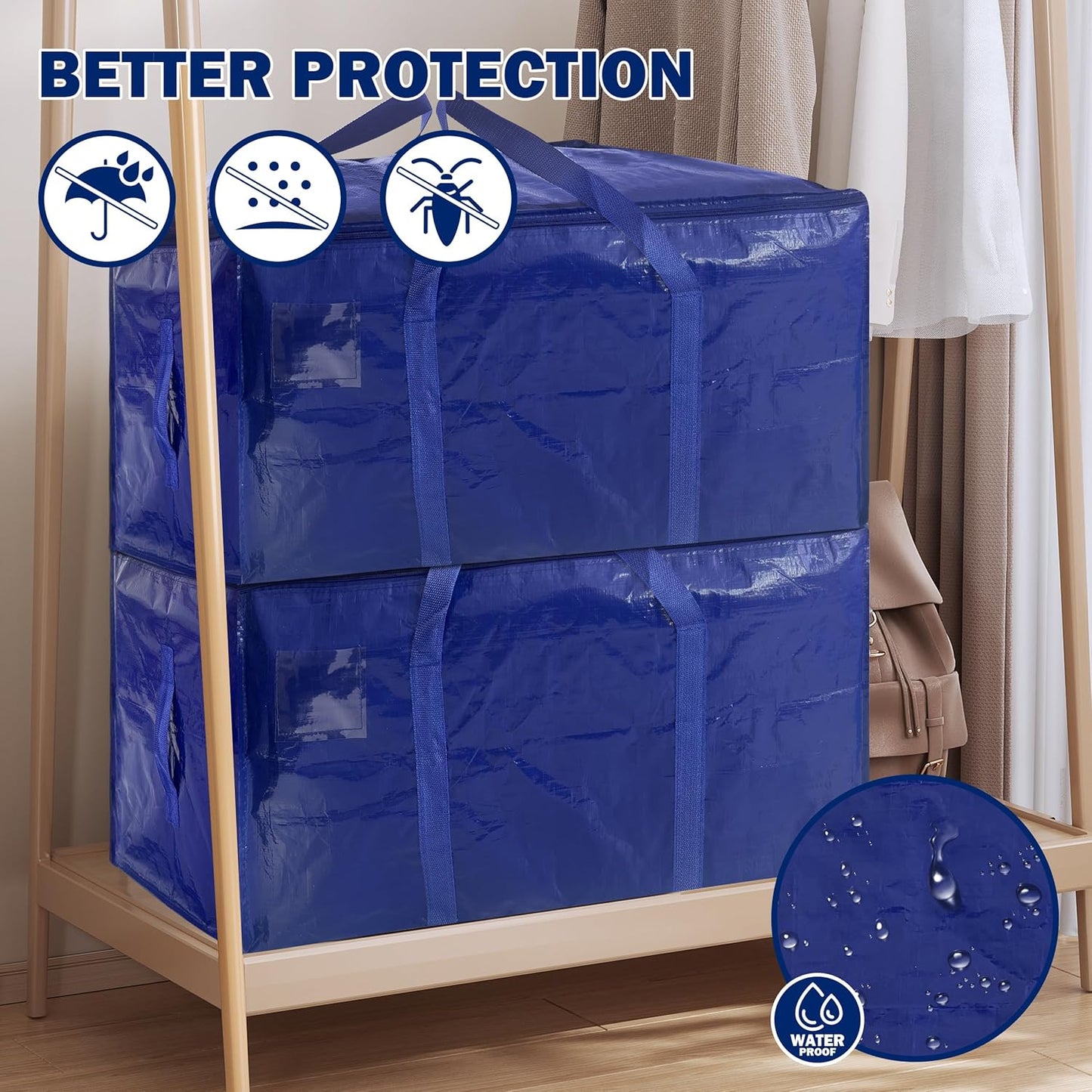 Skiennix Extra Heavy Duty Moving Bags - 8 Pack Large Storage Totes with Strong Zipper & Handles | Dark Blue - 24 Gal