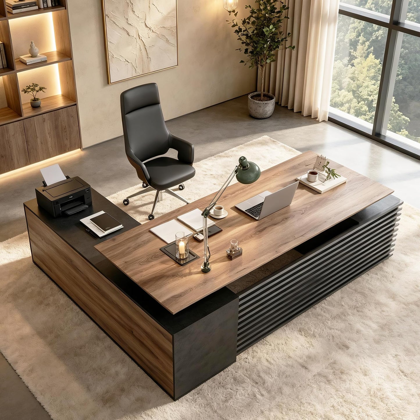 SAINTCY 86.61In L Shaped Executive Standing Desk with Drawers, Large Modern Adjustable Heigh Home Office Desk w/Universal Charging Ports, Business Workstation, Black and Warm Oak
