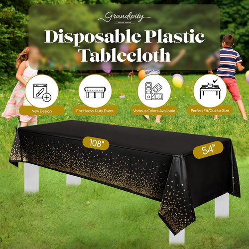 Grandipity Premium Disposable Plastic Tablecloth - Gold Dot on Black | 54" x 108" Rectangle Cover