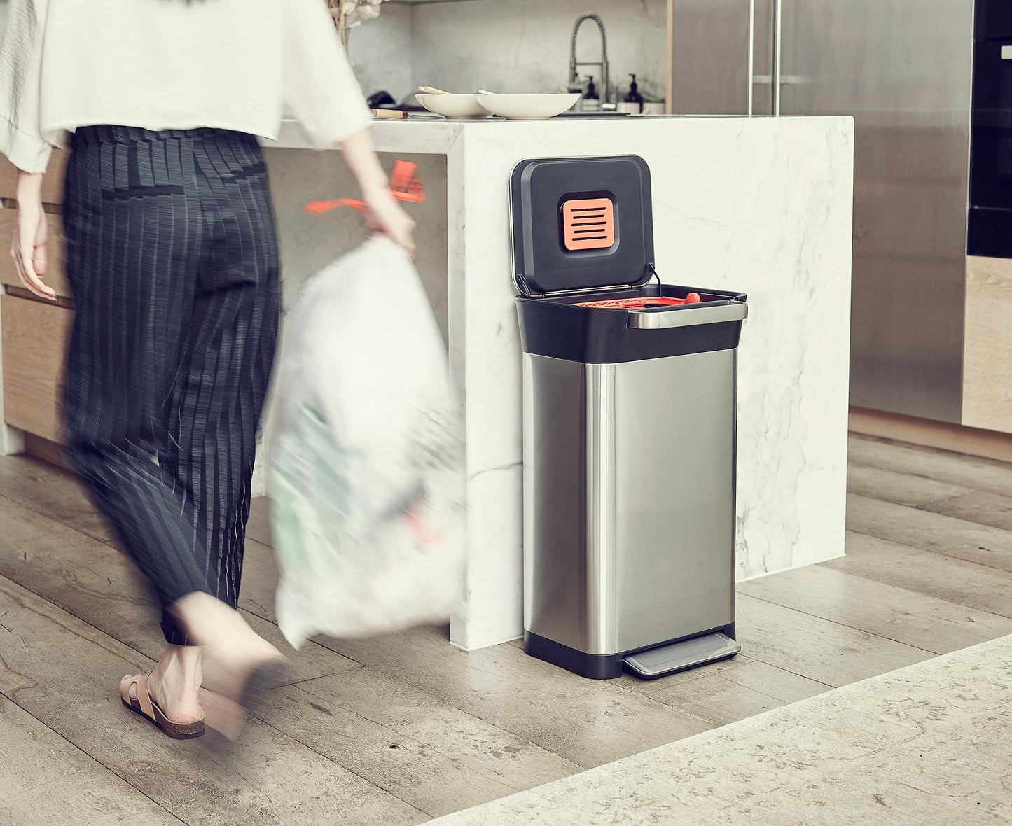 Joseph Joseph Intelligent Waste Titan Trash Can Compactor with Odor Filter, Compacts up to 3x trash, 30L/7.9 Gallons, Stainless Steel