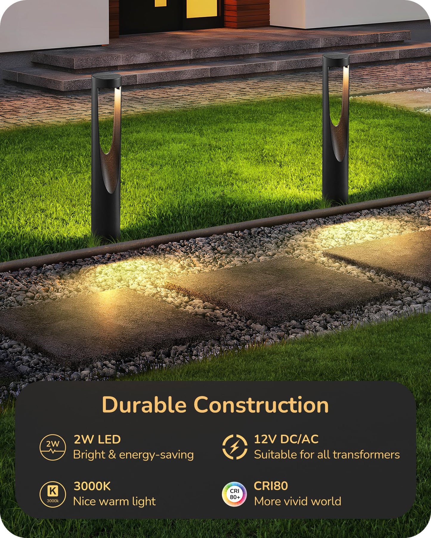 EDISHINE Low Voltage Landscape Lighting, 12V 2W 150LM, Waterproof LED Pathway Lights, 8 Pack, Black, Model HGSL36B