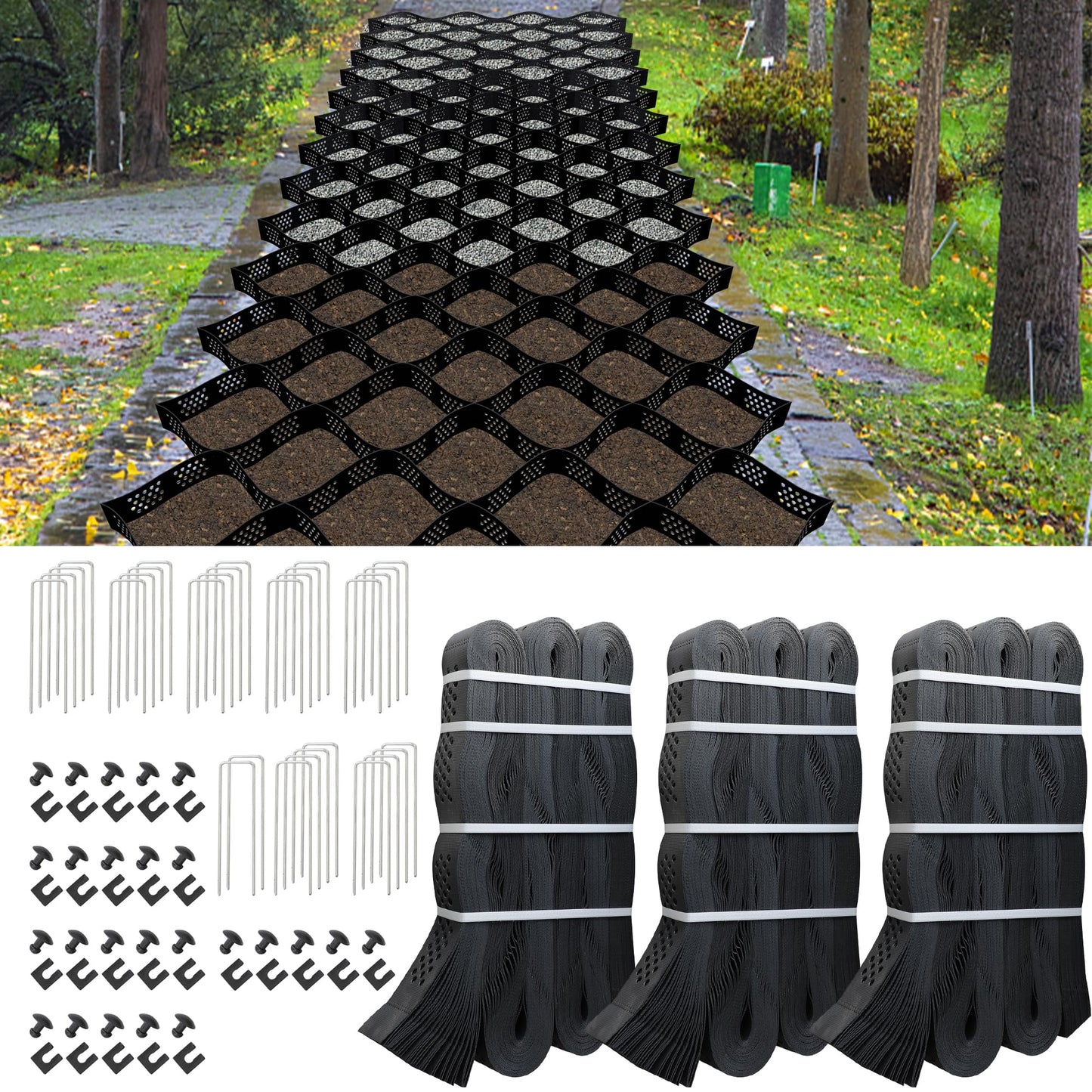 2" Depth Ground Grid, 49.5x6.5 FT Geo Gravel Grid Driveway 1885 lbs per Sq Ft Load, Geogrid Ground Stabilization System with Connection Buckles and Stakes for Driveways Walkway Slope Pathway & Garden