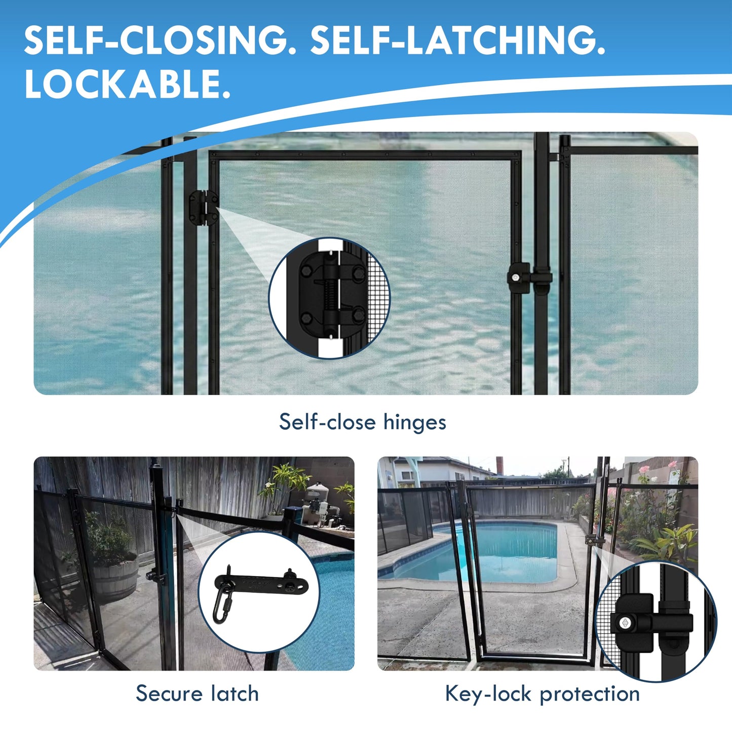 All Safe Pool Fence Door Gate Kit - 4-Foot Black Self-Closing Pool Gate for Decks, Lockable & Easy DIY Installation - Safety Swimming Pool Gate for Kids & Inground Pool Fencing, Durable U-Safe Frame