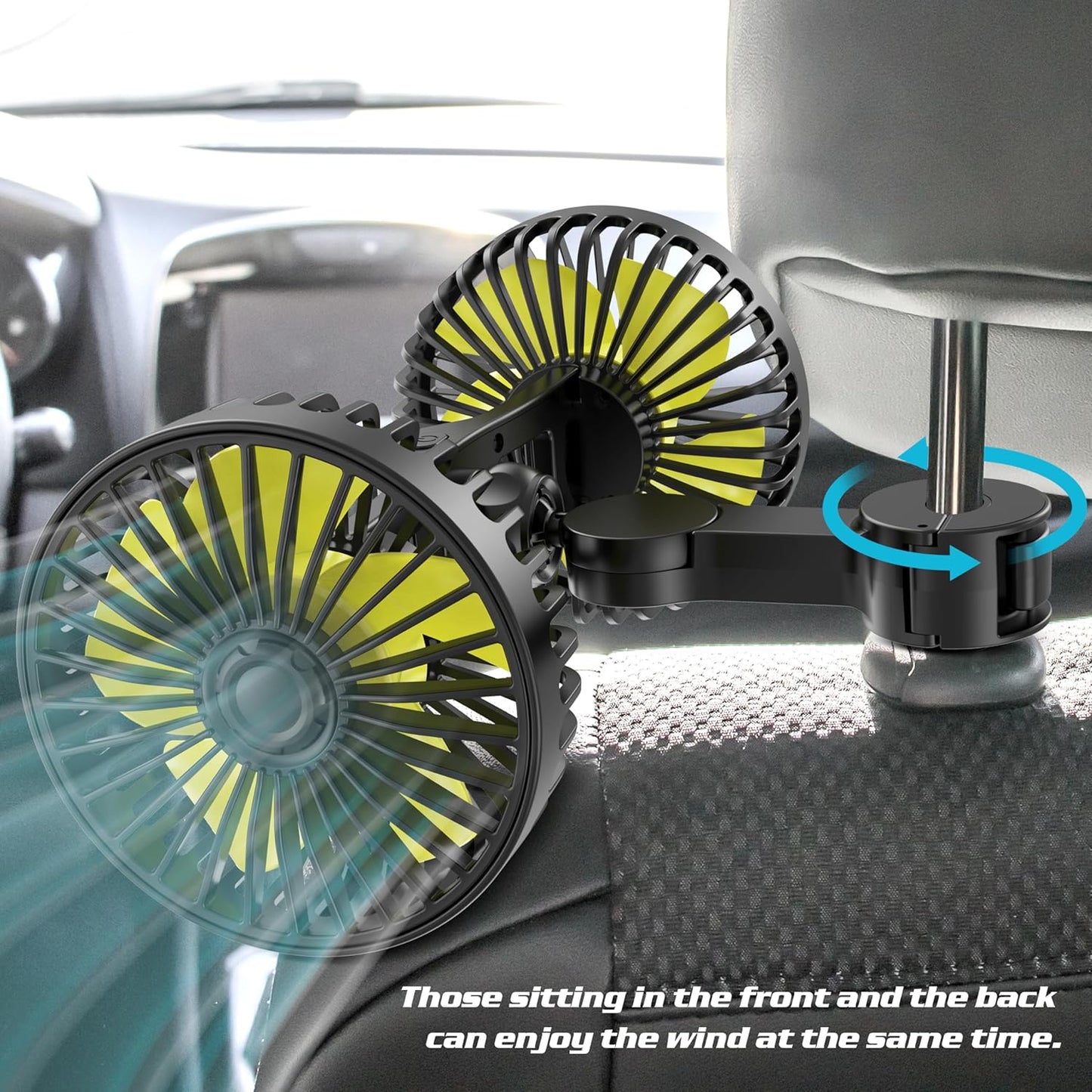 360 3 Wowok Car Fan for Rear Seat Passenger Dual Head USB Car Seat Fan for Backseat Kids, Rotatable Speeds Air