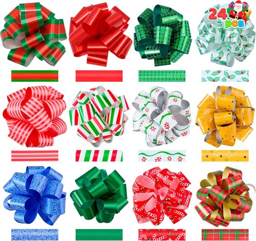 JOYIN 24 PCS Christmas Wrap Ribbon Pull Bows - Easy Gift Wrapping Accessory for Presents & Decorations