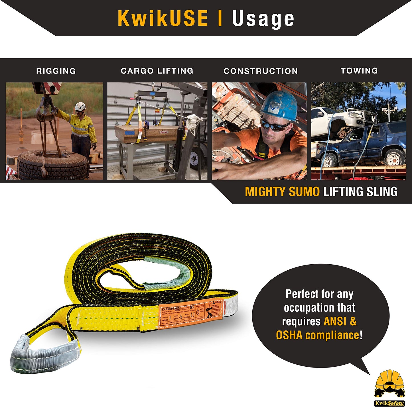 KwikSafety - Charlotte, NC - Mighty Sumo 2”x 10’ Poly Web Sling Lifting Strap Construction ASME OSHA / 6400lbs Vertical 5100lbs Choker 12800lbs Basket/Rigging Moving Towing Hoisting Gear