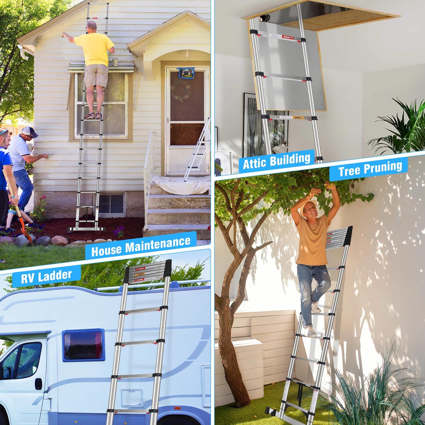 DEZEX 15.5 FT Telescoping Ladders Stainless Steel - One-Button Retraction Collapsible Ladder for Home, RV, Loft, Extension Ladder with 2 Triangle Stabilizers & Balance Bar & Wheels Lasts 330 LBS
