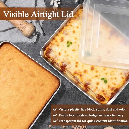 LIANYU Stainless Steel Baking Pan Set - 2 Pack Rectangle Sheet Cake Pans with Lids, 12⅓ x 9¾ x 2 Inch, Non-Toxic & Dishwasher Safe