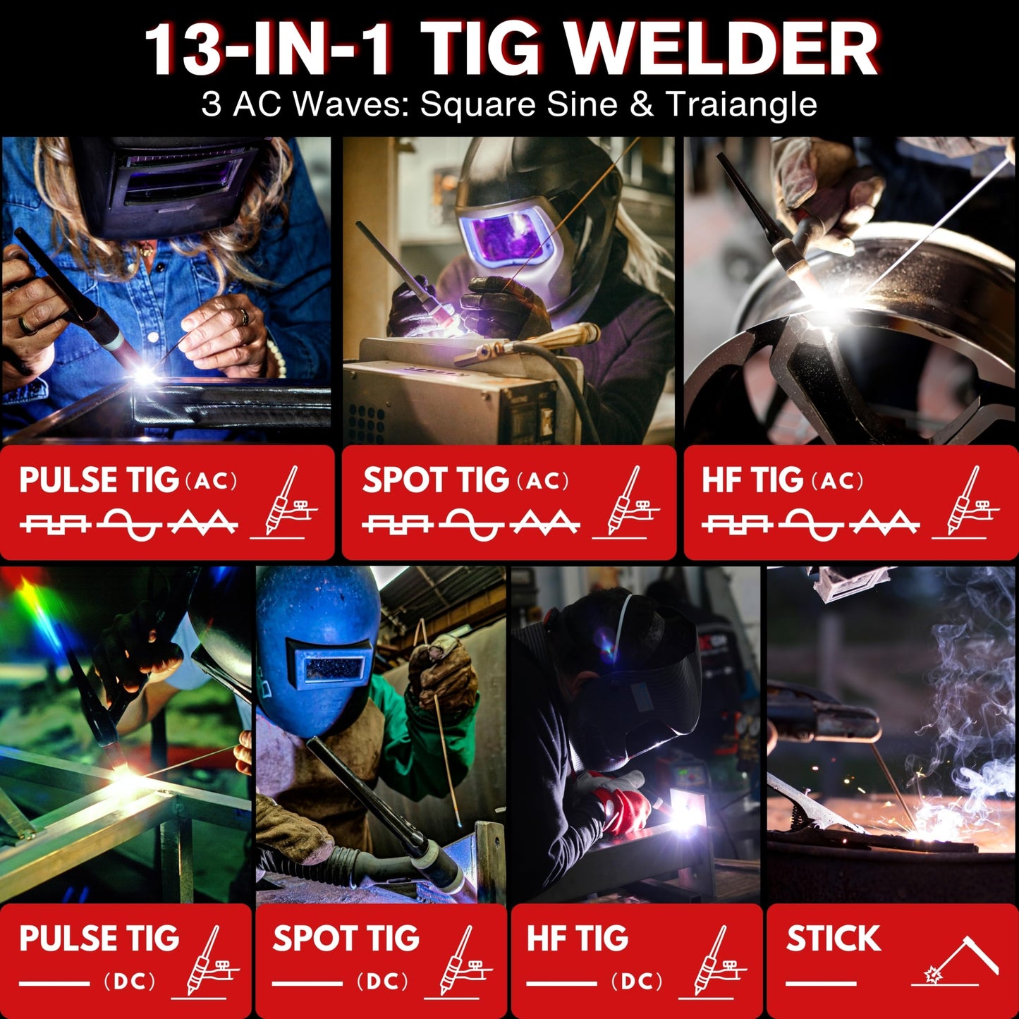 LOTOS TIG220ACDCP 220A AC/DC TIG Welder, Digital Display, 13-in-1, Pulse, Spot, Stick, HF Start, Dual Voltage 110/220V, 3 AC Waves, Aluminum Stainless Steel Welding