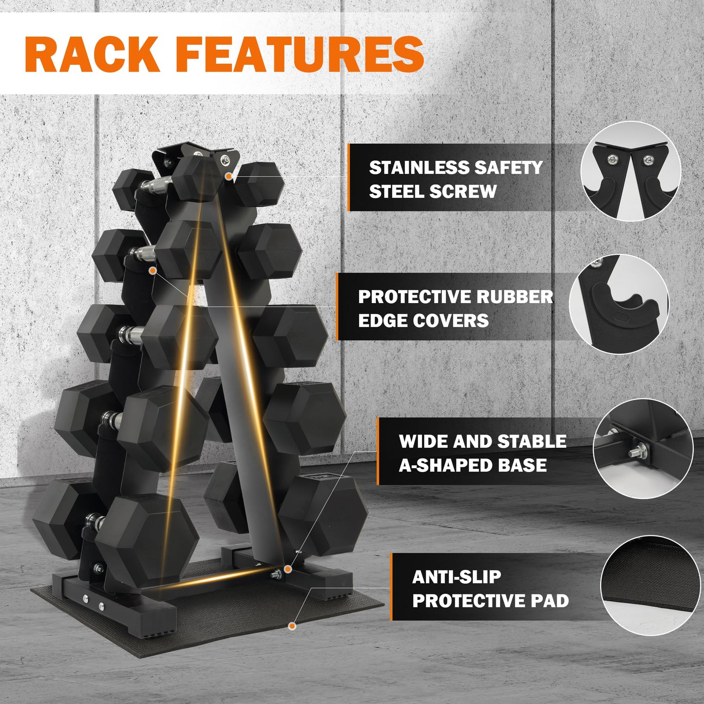 Fitvids Rubber Encased Hex Dumbbell Weight Set and Storage Rack, 150 LB (5-25lbs Pairs)